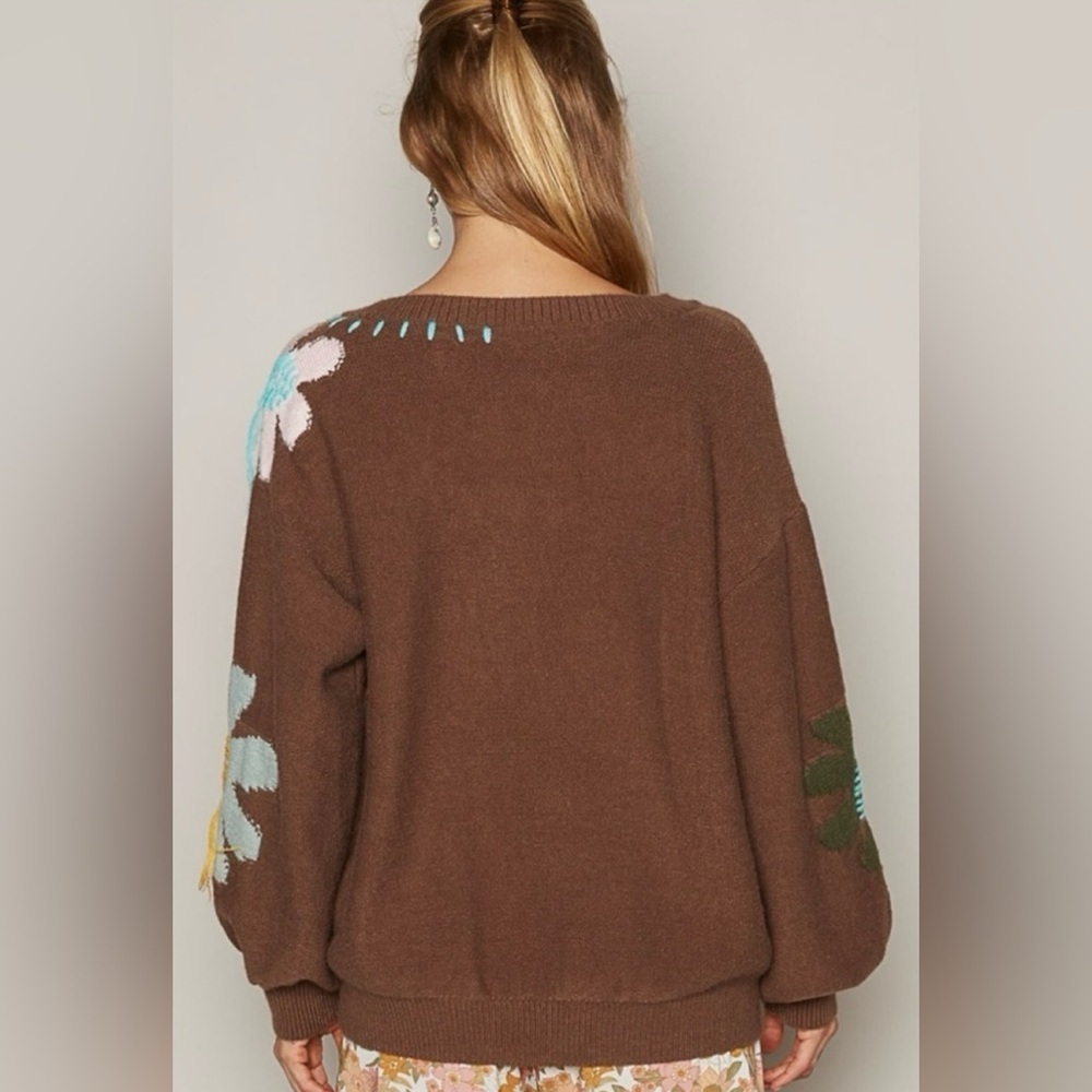 POL Balloon Sleeve Oversized Acrylic Sweater Fringe Detail Floral Pattern Small - Picture 3 of 12